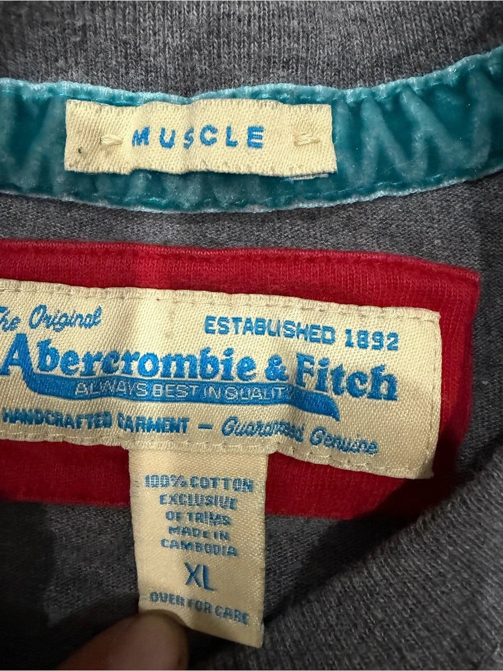 Abercrombie & Fitch Men's Long-Sleeve Crew in Charcoal with Teal Logo